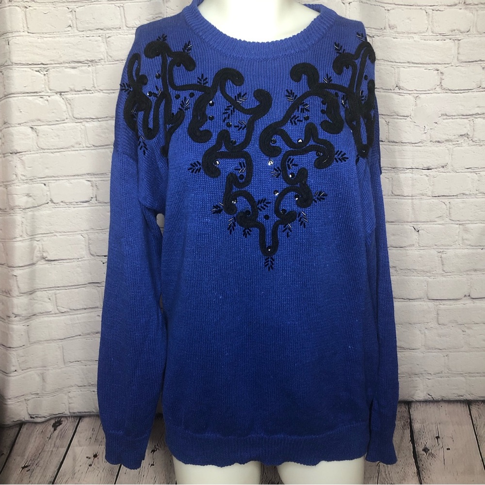 Vintage Dana Scott royal blue sweater with black embellishments size medium
